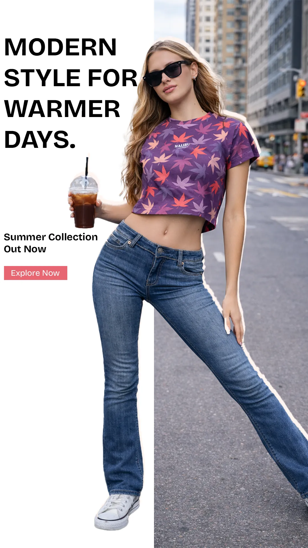 Static ad creative: "Modern style for warmer days."